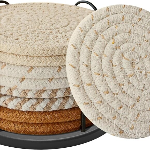 Other - Coasters Set of 8 for Drinks, Beer, Coffee, Cotton Woven 4 Colors Absorbent Coas